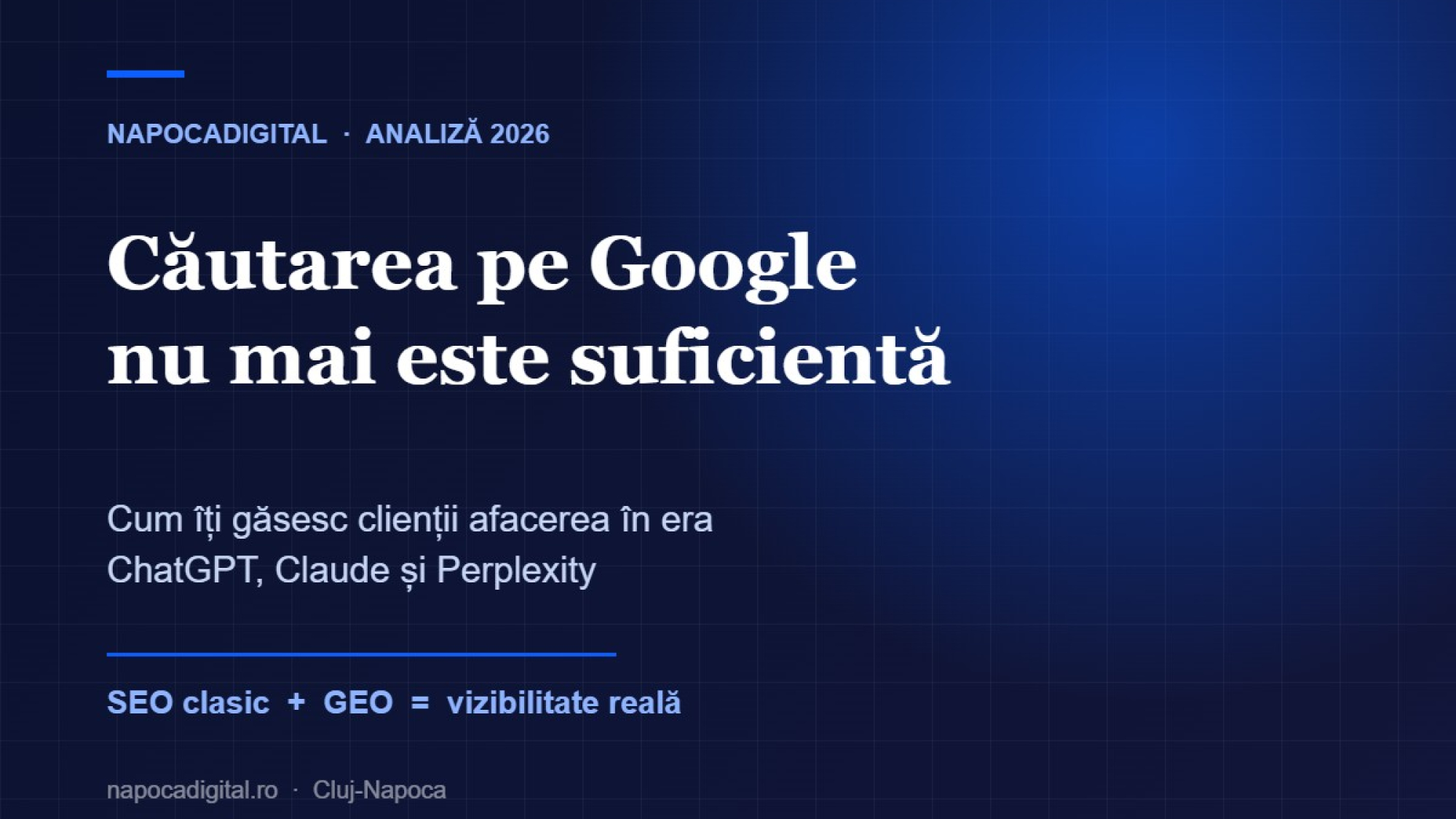 Grafică editorială NapocaDigital: căutarea pe Google nu mai este suficientă în era ChatGPT, Claude și Perplexity