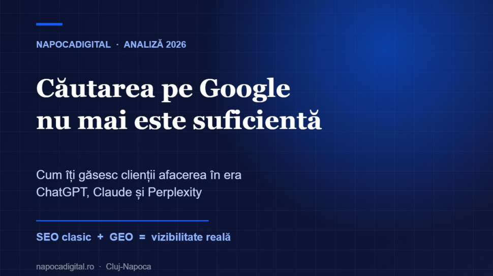 Grafică editorială NapocaDigital: căutarea pe Google nu mai este suficientă în era ChatGPT, Claude și Perplexity