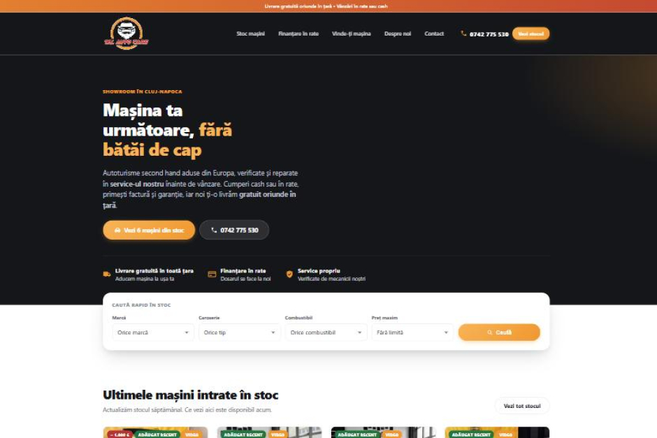 Prima pagină a site-ului TAL Auto Cars, cu căutarea rapidă în stoc