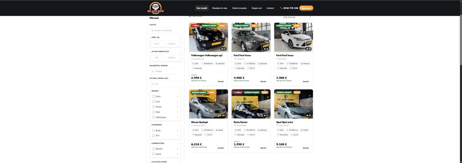 Pagina de stoc TAL Auto Cars, cu panoul de filtre si rata lunara pe fiecare masina